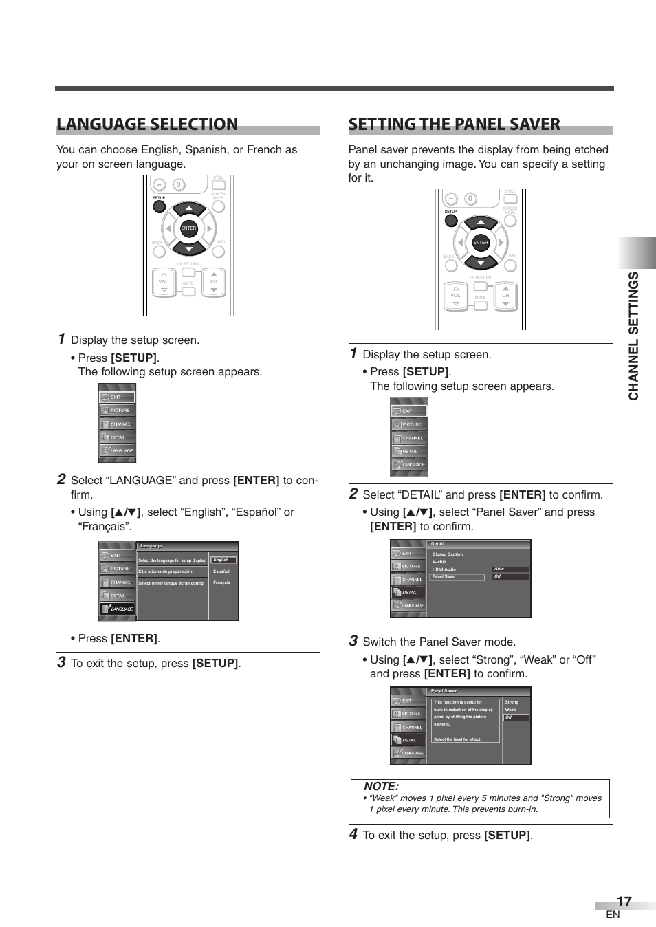Language selection, Setting the panel saver, Channel settings | FUNAI CIWP4206 A User Manual | Page 17 / 40