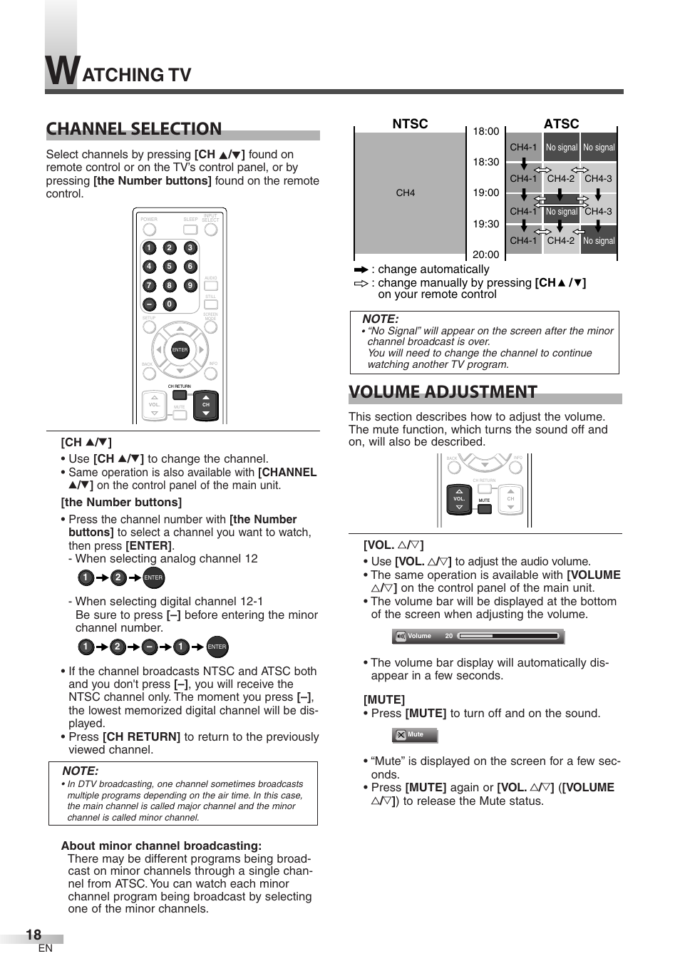 Channel selection, Volume adjustment, Atching tv | Atsc, Ntsc | FUNAI CIWP4206 A User Manual | Page 18 / 40