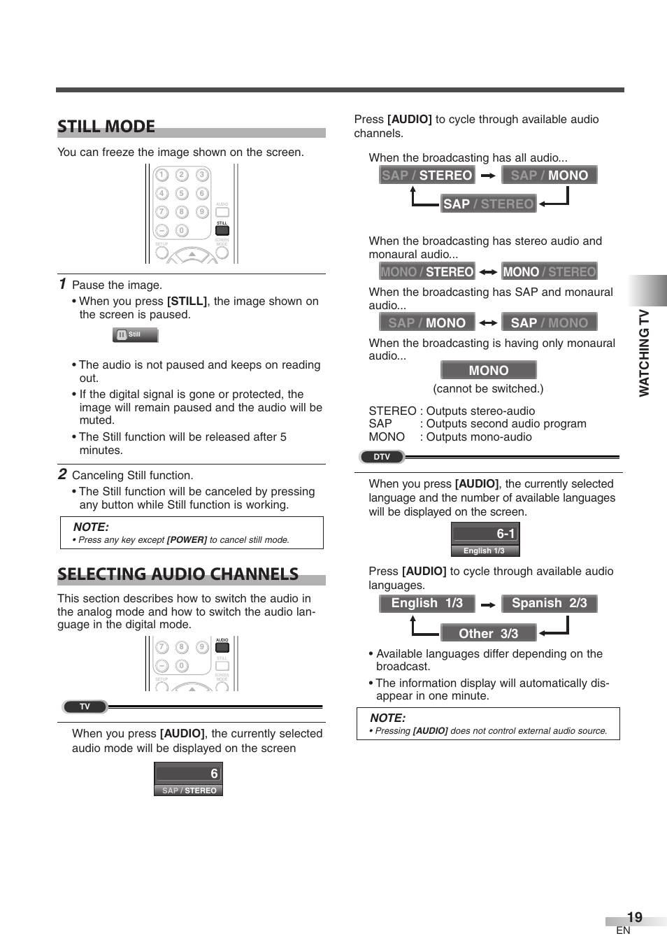 Still mode, Selecting audio channels, Wa t ching tv | FUNAI CIWP4206 A User Manual | Page 19 / 40