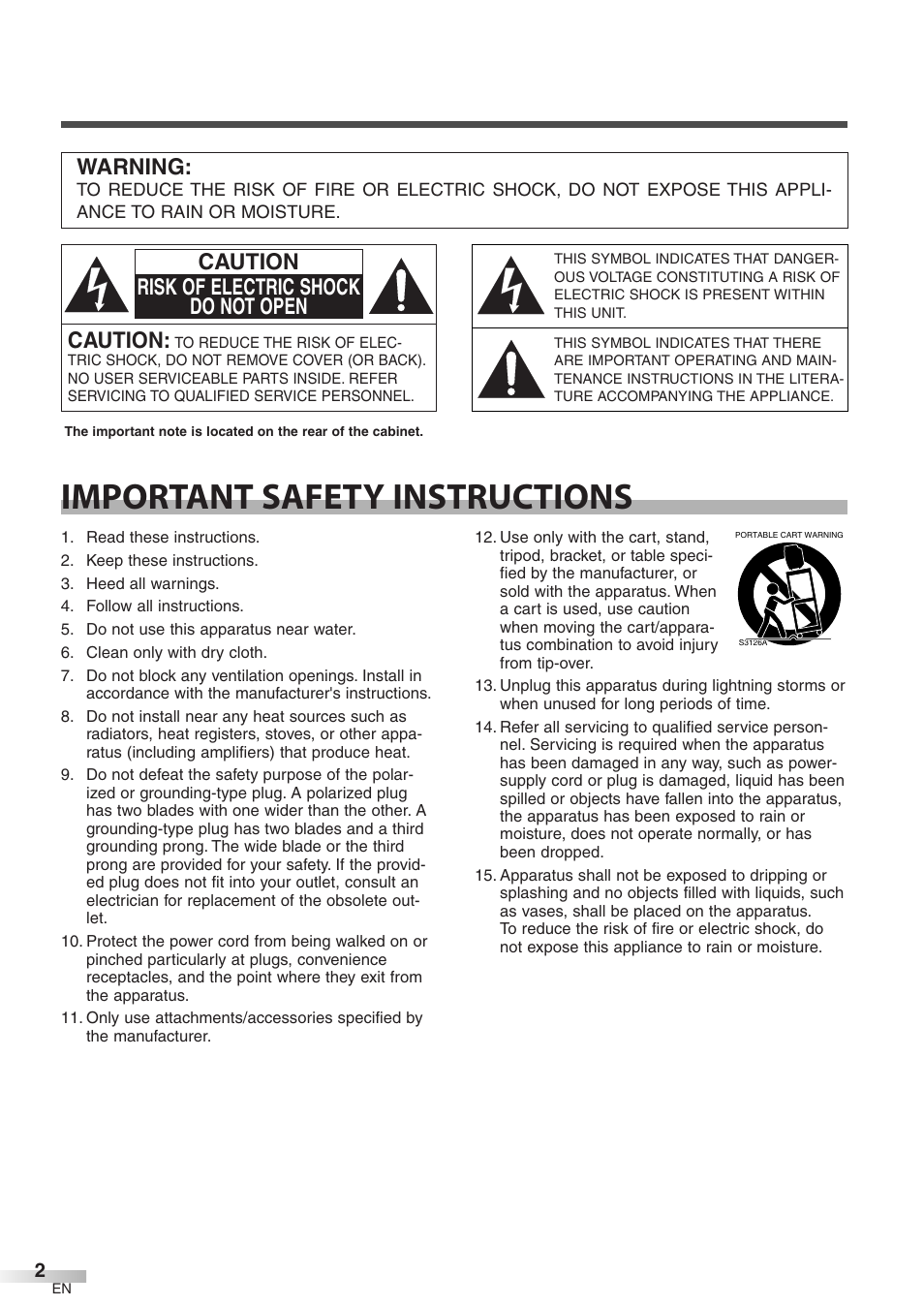 Important safety instructions, Caution, Caution risk of electric shock do not open | Warning | FUNAI CIWP4206 A User Manual | Page 2 / 40