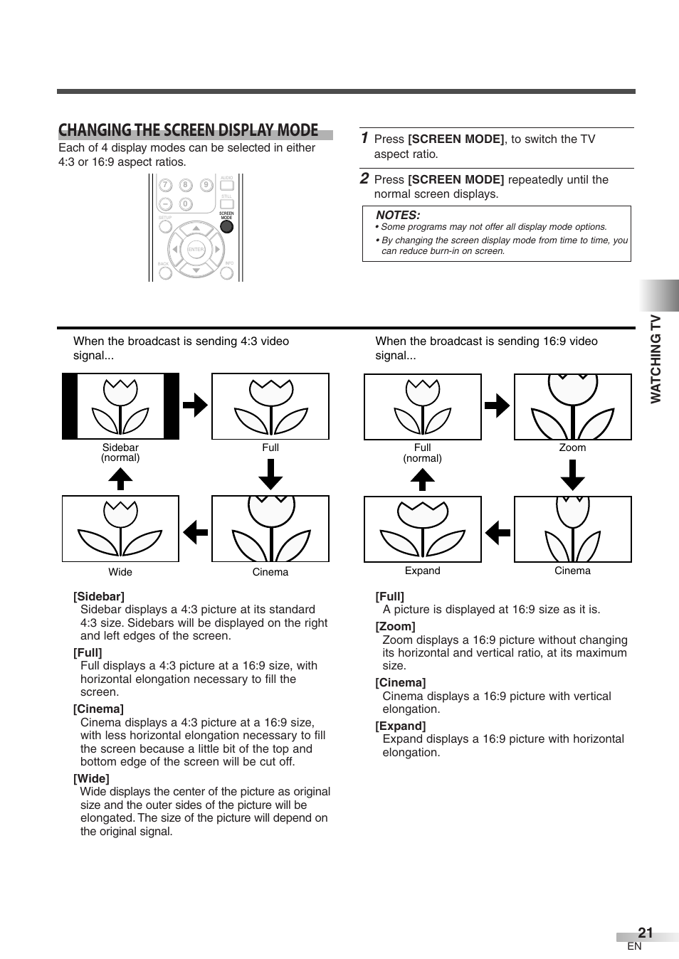 Changing the screen display mode, Wa t ching tv | FUNAI CIWP4206 A User Manual | Page 21 / 40