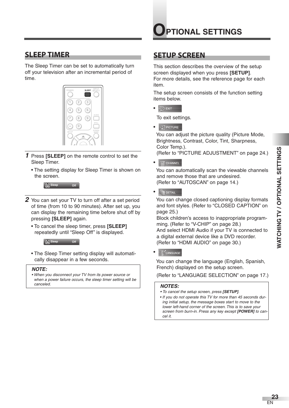 Setup screen, Sleep timer, Ptional settings | Wa tching tv / optional settings | FUNAI CIWP4206 A User Manual | Page 23 / 40