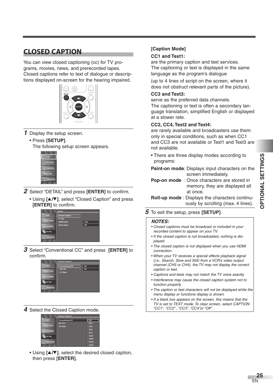 Closed caption, Optional settings | FUNAI CIWP4206 A User Manual | Page 25 / 40