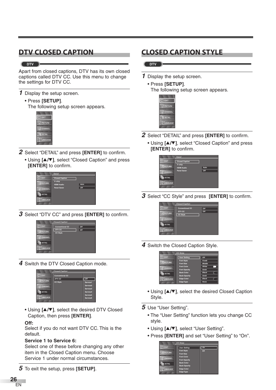 Dtv closed caption, Closed caption style, Select “dtv cc” and press [enter] to confirm | Select “cc style” and press [enter] to confirm | FUNAI CIWP4206 A User Manual | Page 26 / 40