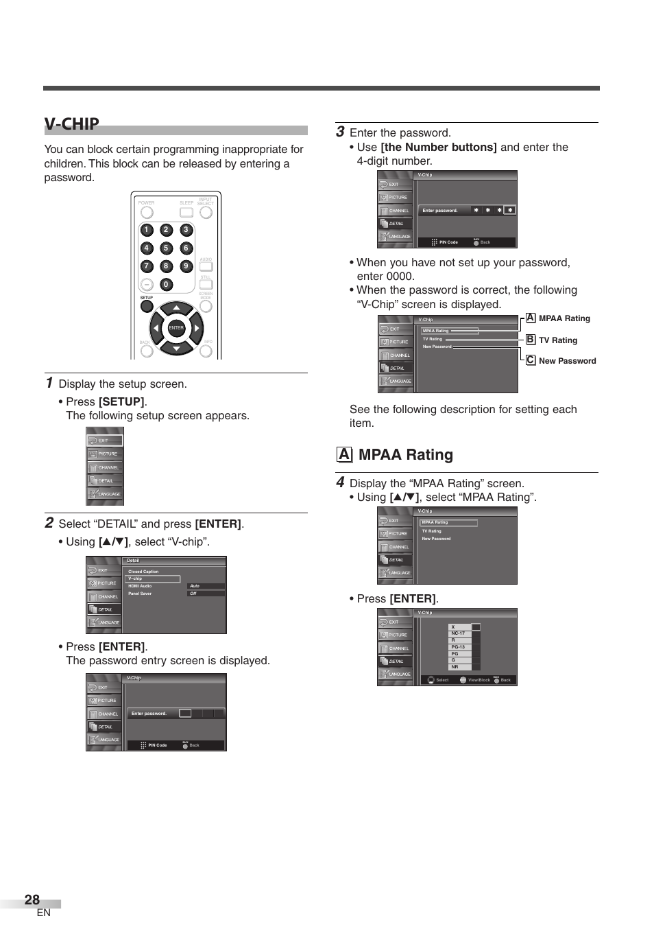 V-chip, A mpaa rating | FUNAI CIWP4206 A User Manual | Page 28 / 40