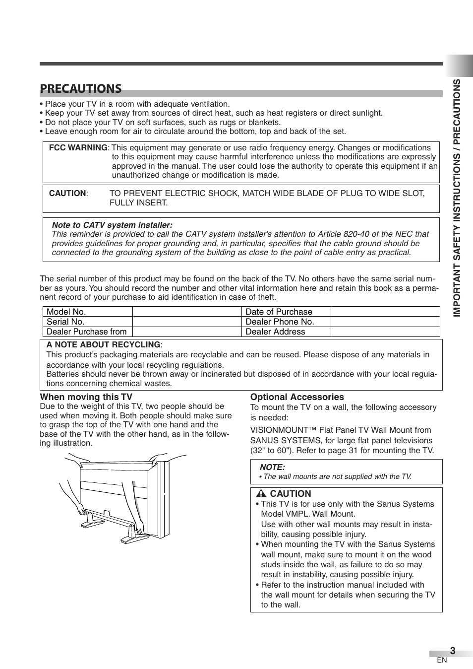 Precautions | FUNAI CIWP4206 A User Manual | Page 3 / 40