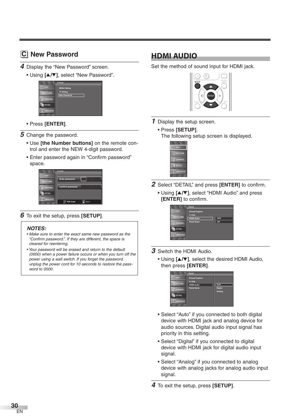 Hdmi audio, C new password, Set the method of sound input for hdmi jack | FUNAI CIWP4206 A User Manual | Page 30 / 40