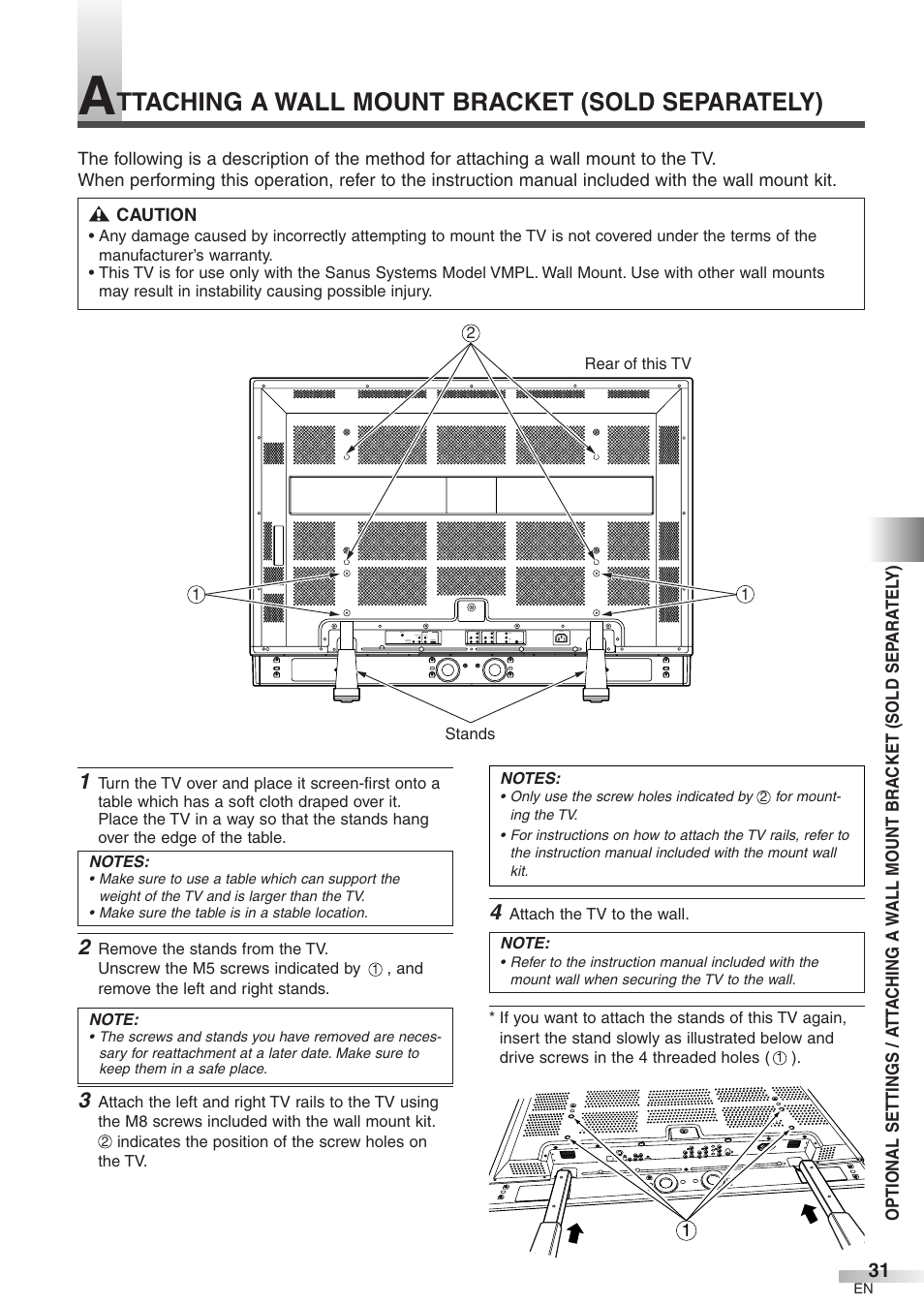 Ttaching a wall mount bracket (sold separately) | FUNAI CIWP4206 A User Manual | Page 31 / 40