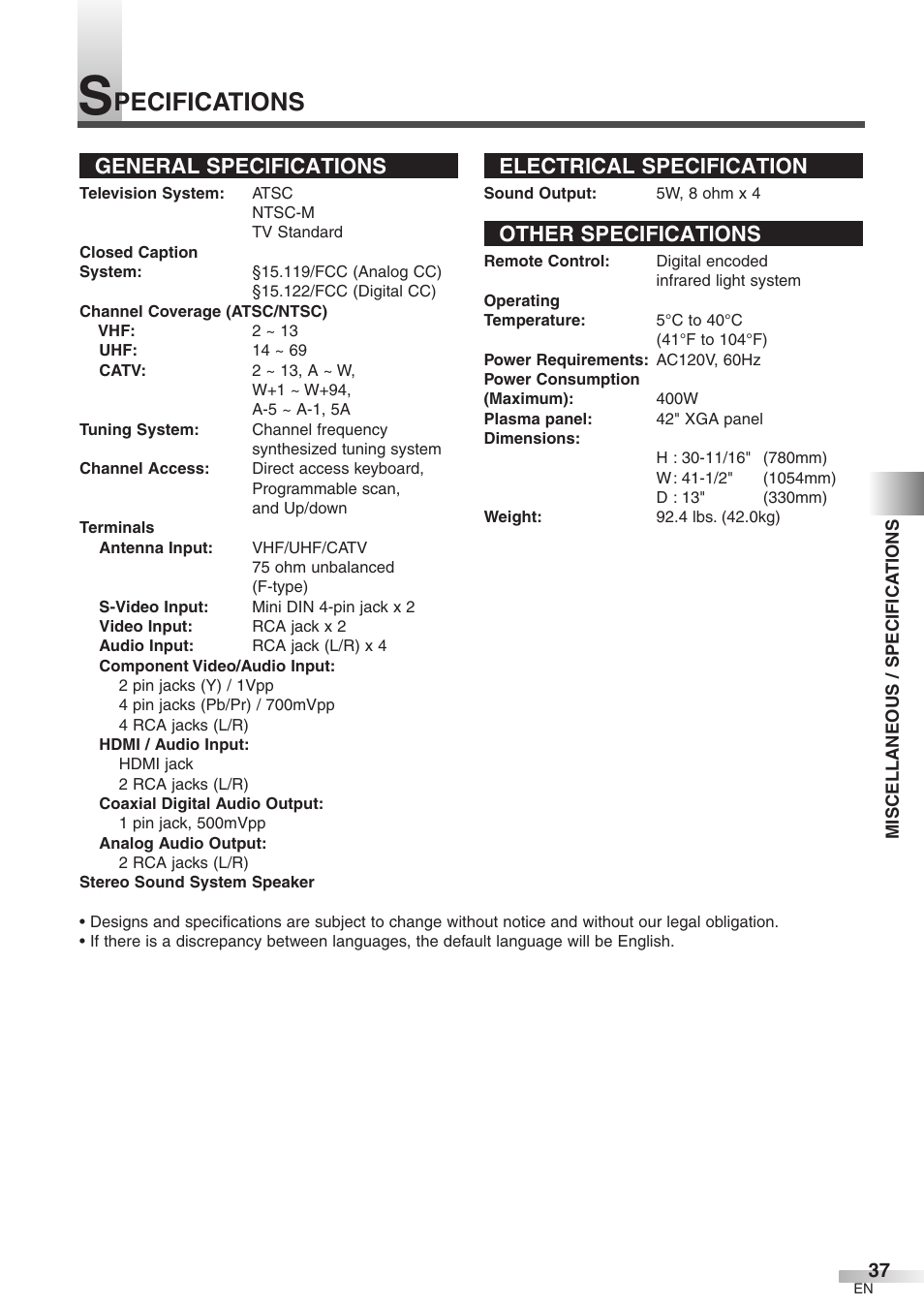 Pecifications, General specifications, Electrical specification | Other specifications | FUNAI CIWP4206 A User Manual | Page 37 / 40