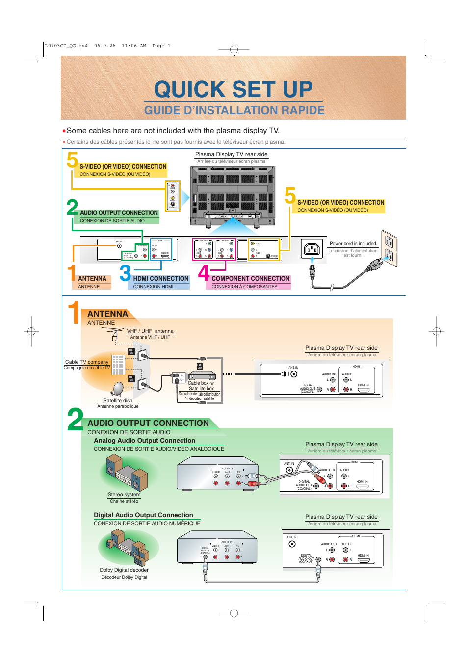 Ciwp4206 a_l0703cd_01cb_qg_v2.pdf, Quick set up, Guide d’installation rapide | Antenna, Audio output connection, Analog audio output connection, Digital audio output connection, Hdmi connection, S-video (or video) connection, Component connection | FUNAI CIWP4206 A User Manual | Page 39 / 40
