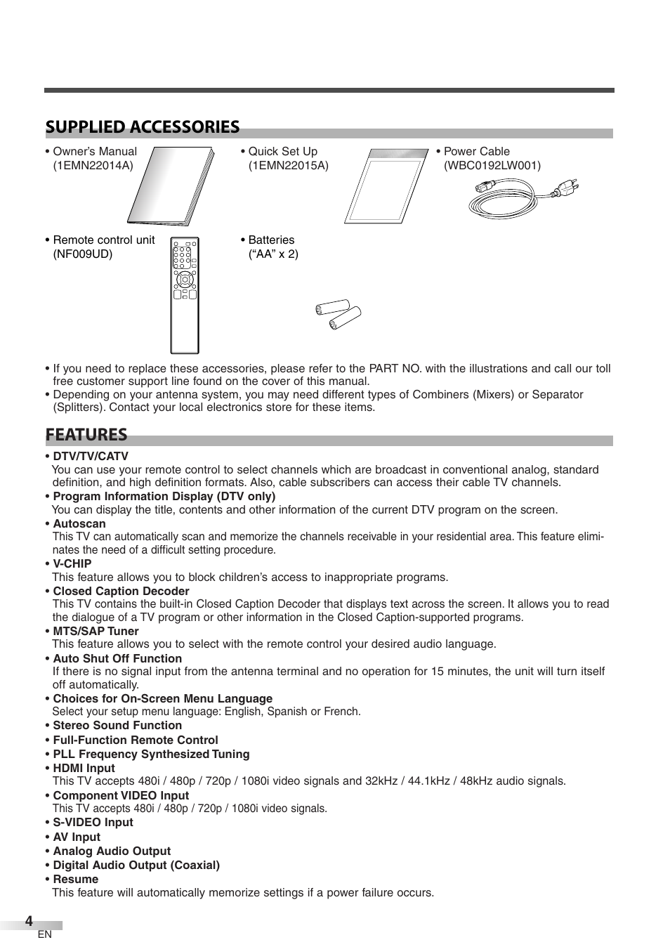 Features supplied accessories | FUNAI CIWP4206 A User Manual | Page 4 / 40