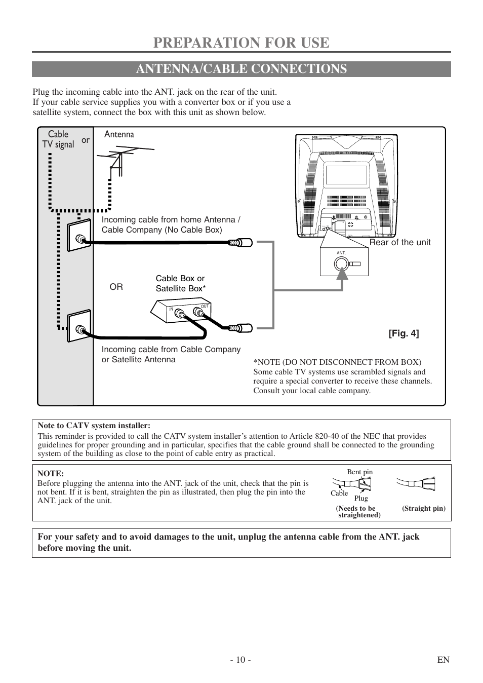 Antenna / cable connections, Preparation for use, Antenna/cable connections | Cable tv signal antenna or | FUNAI WV20D5 User Manual | Page 10 / 40