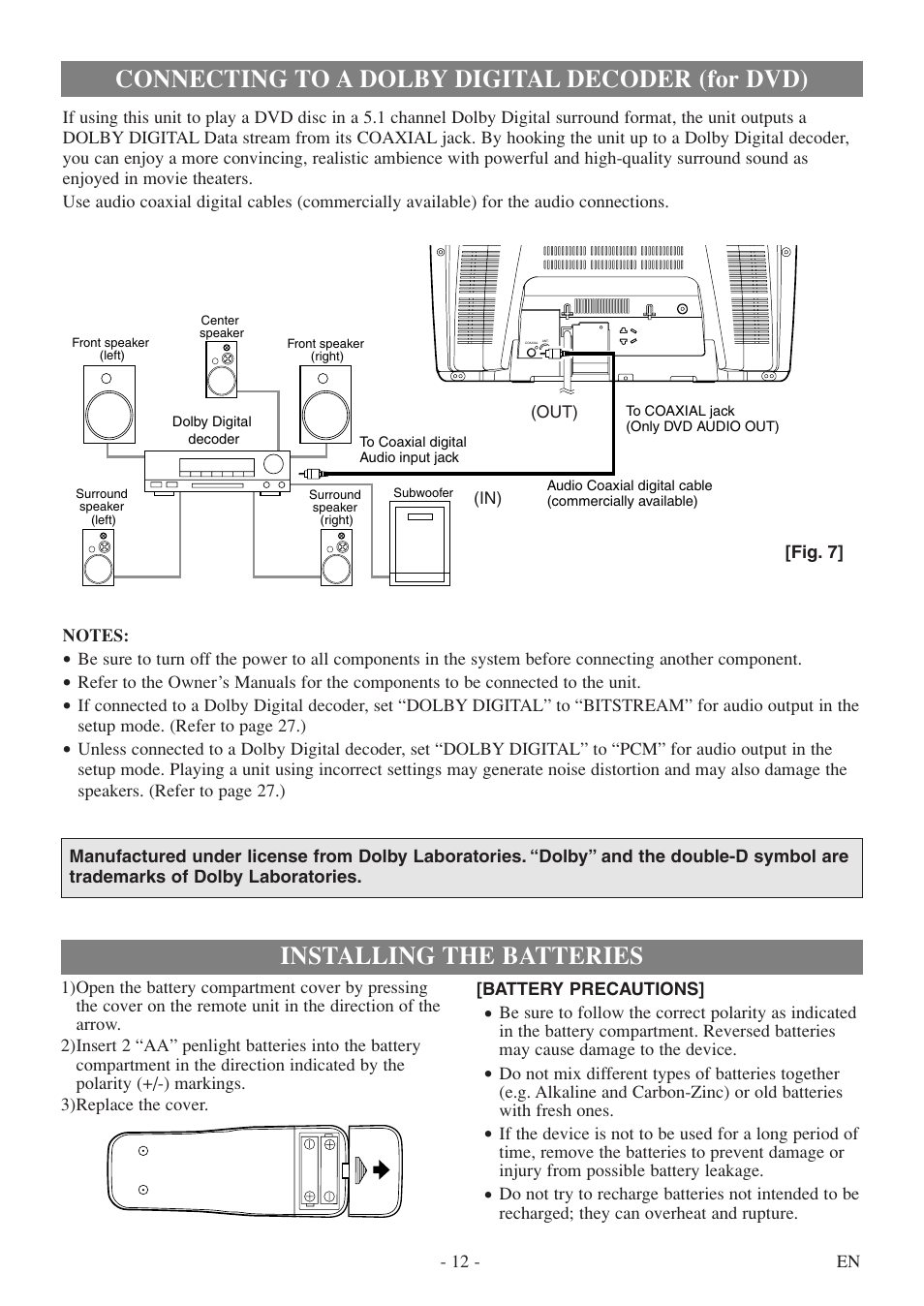 Connecting to a dolby digital decoder (for dvd), Installing the batteries | FUNAI WV20D5 User Manual | Page 12 / 40