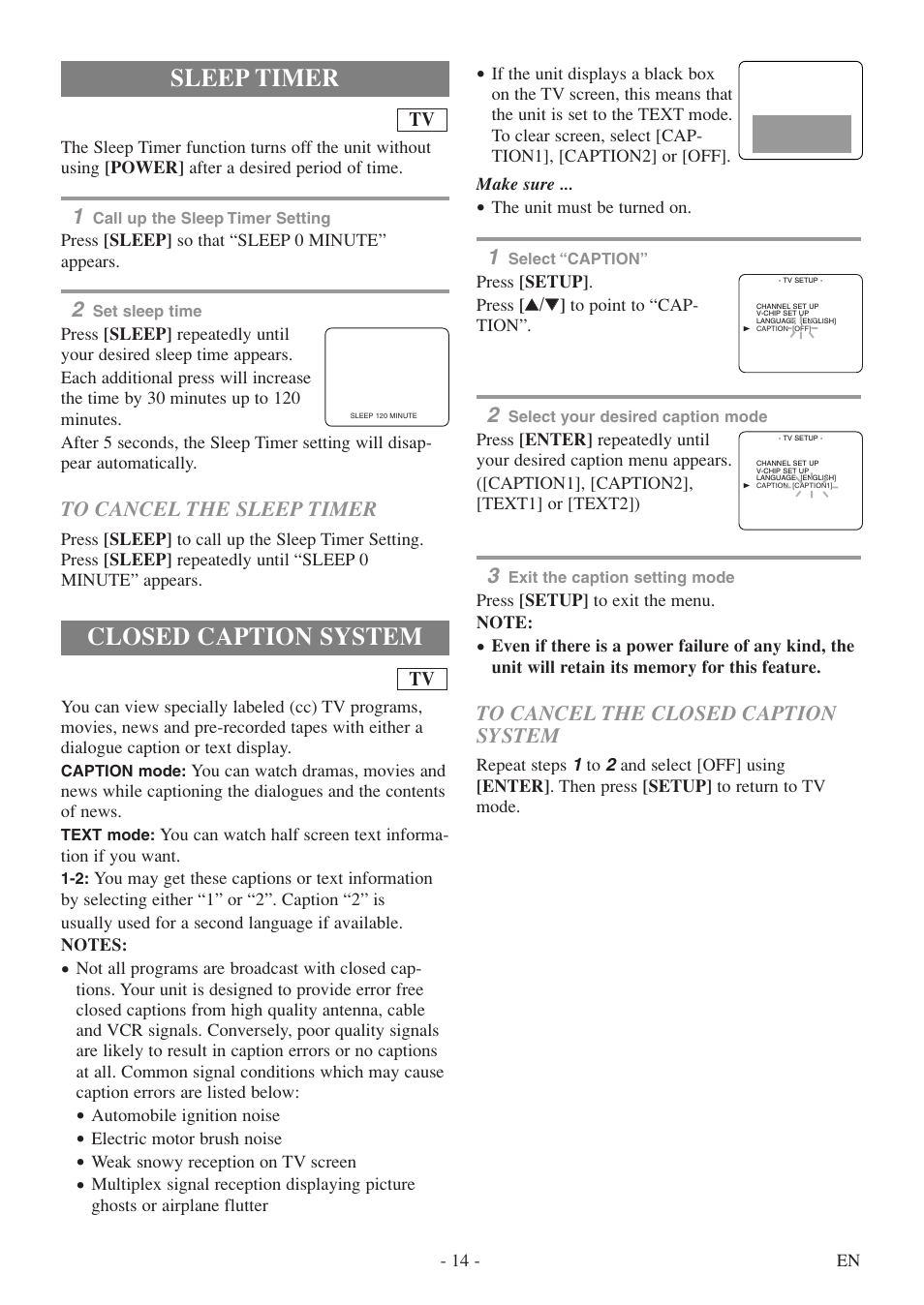 Closed caption system, Sleep timer | FUNAI WV20D5 User Manual | Page 14 / 40