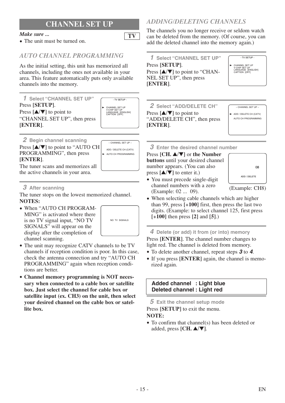 Channel setup, Channel set up, Auto channel programming | Adding/deleting channels | FUNAI WV20D5 User Manual | Page 15 / 40