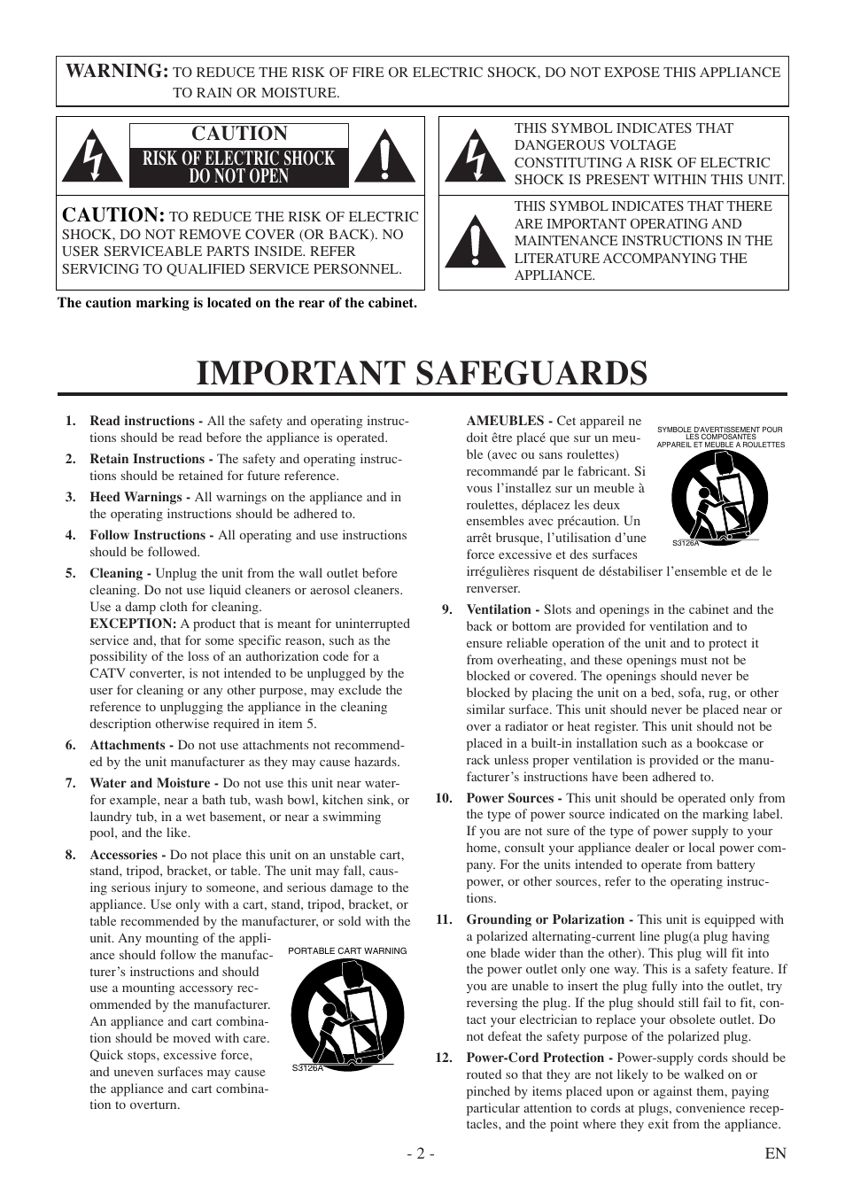 Important safeguards, Caution, Caution risk of electric shock do not open | Warning | FUNAI WV20D5 User Manual | Page 2 / 40