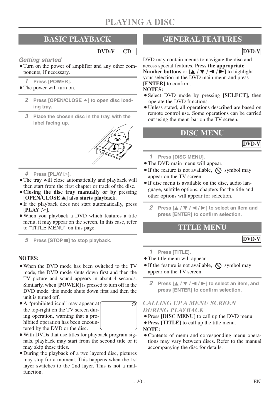 Playing a disc, Basic playback, General features | Title menu, Disc menu, Calling up a menu screen during playback | FUNAI WV20D5 User Manual | Page 20 / 40