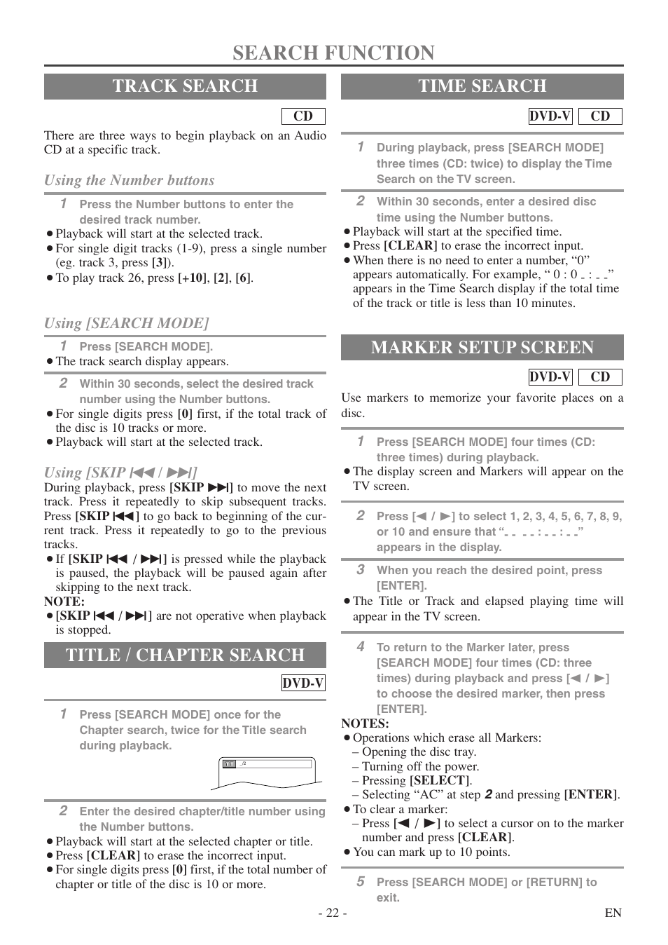 Search function, Track search, Title / chapter search | Time search, Marker setup screen, Using the number buttons, Using [search mode, Using [skip h / g | FUNAI WV20D5 User Manual | Page 22 / 40