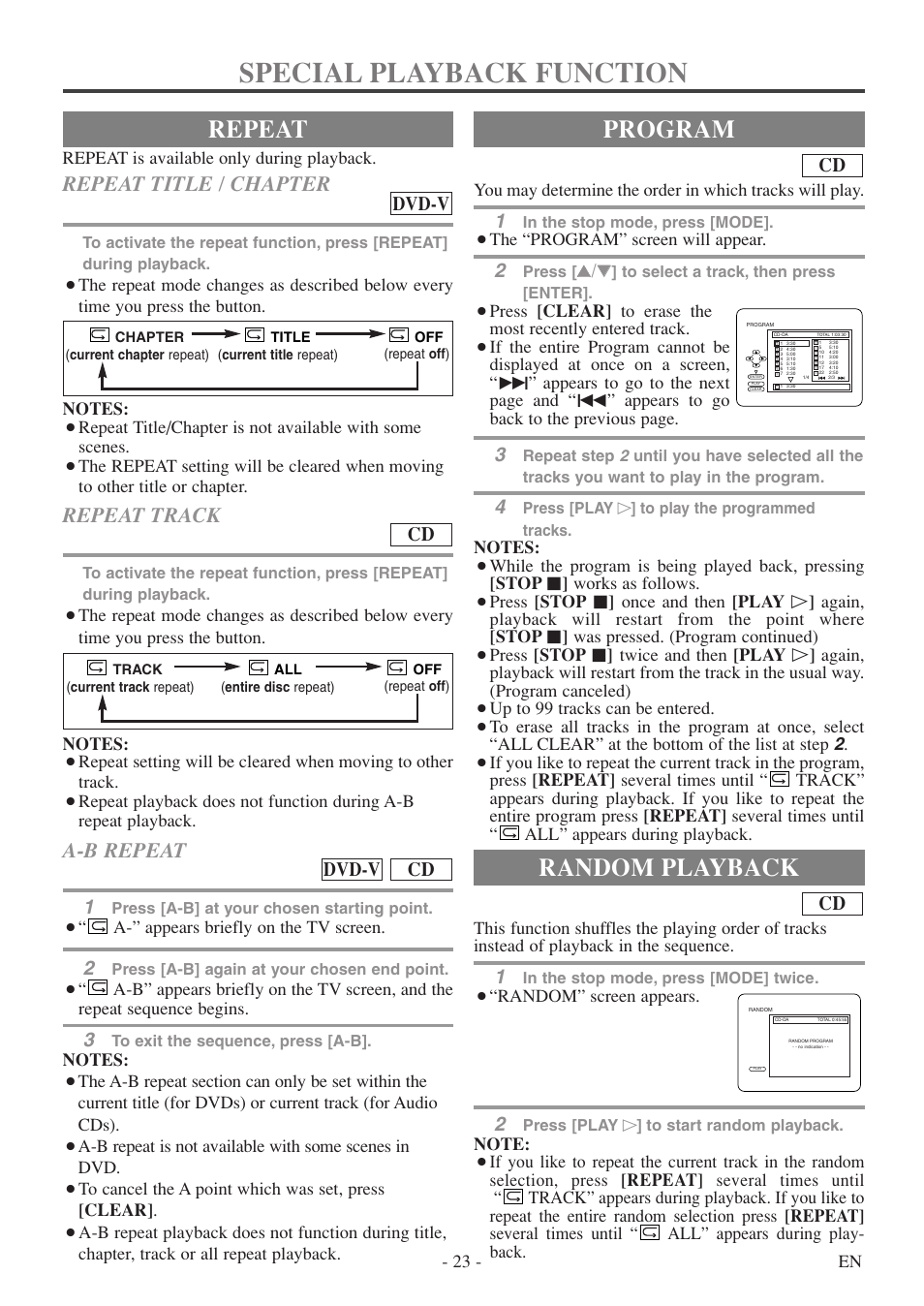 Special playback function, Repeat, Program | Random playback, Repeat title / chapter, Repeat track, A-b repeat, Dvd-v, Cd dvd-v | FUNAI WV20D5 User Manual | Page 23 / 40