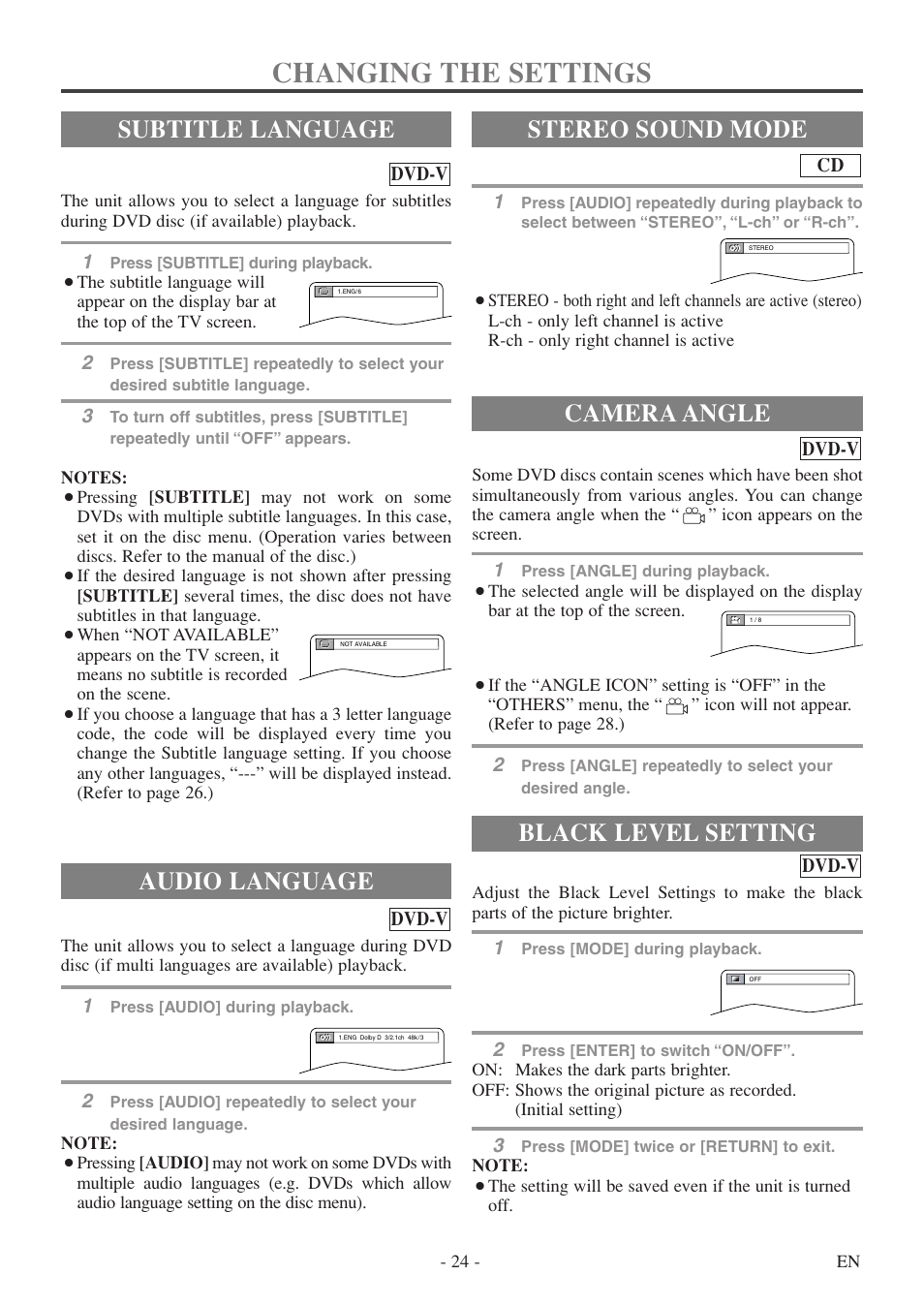 Settings, Changing the settings, Audio language | Stereo sound mode, Subtitle language camera angle, Black level setting | FUNAI WV20D5 User Manual | Page 24 / 40