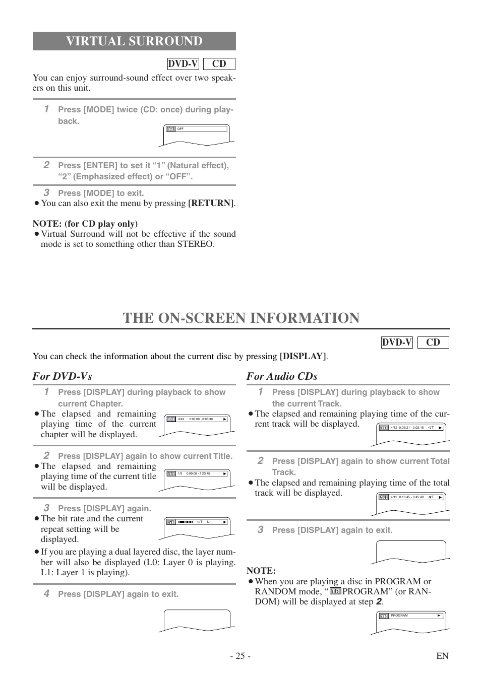 The on-screen information, Virtual surround, For audio cds | For dvd-vs, Cd dvd-v | FUNAI WV20D5 User Manual | Page 25 / 40