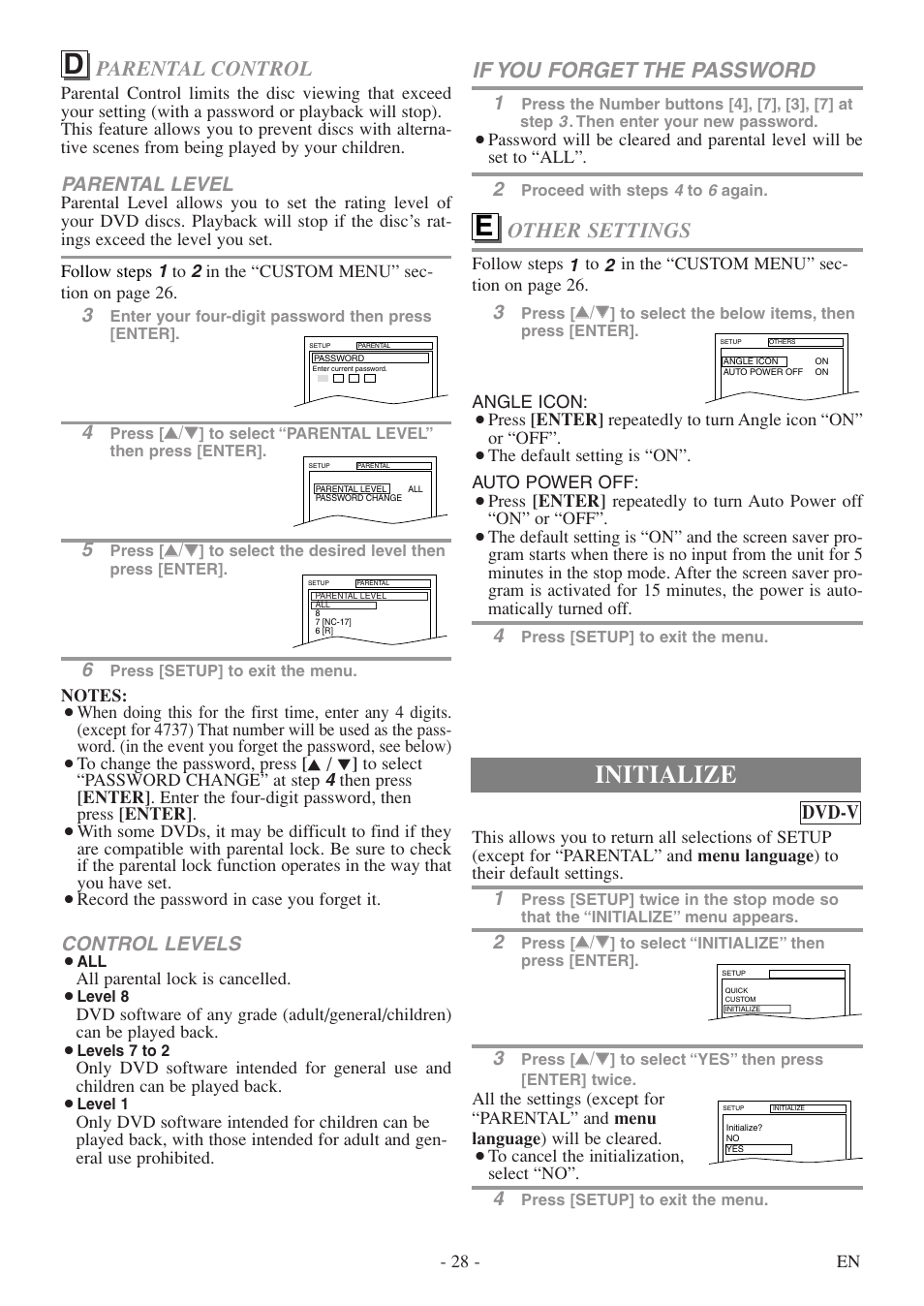 Initialize, Parental control, If you forget the password | Other settings, Control levels, Parental level, Dvd-v | FUNAI WV20D5 User Manual | Page 28 / 40