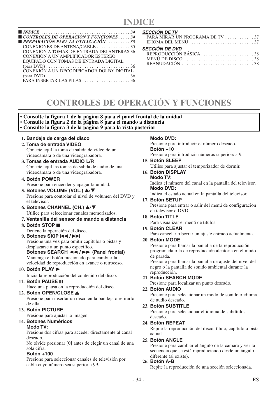 Indice, Controles de operación y funciones | FUNAI WV20D5 User Manual | Page 34 / 40