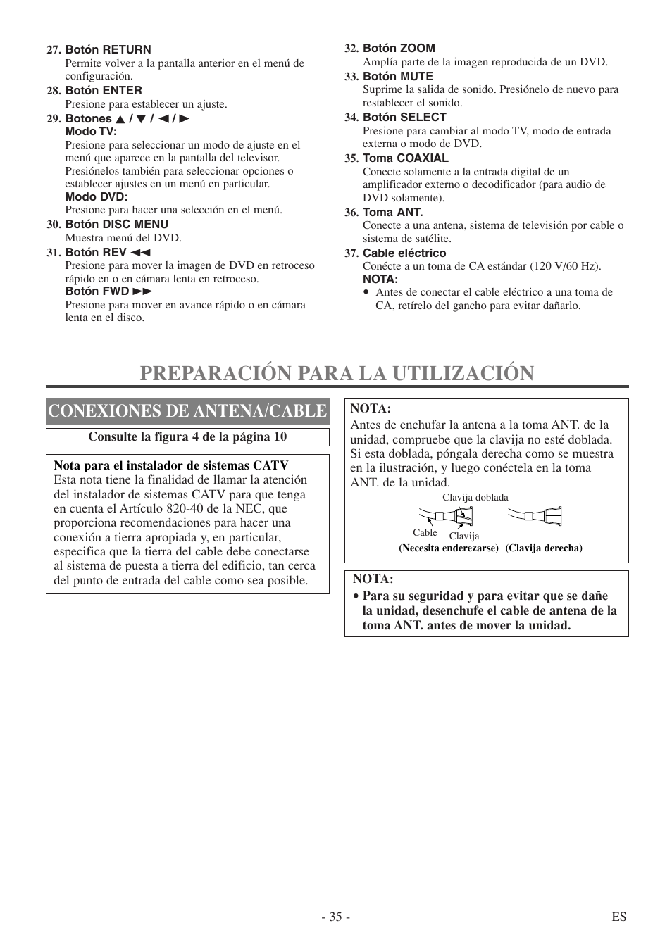 Preparación para la utilización, Conexiones de antena/cable | FUNAI WV20D5 User Manual | Page 35 / 40