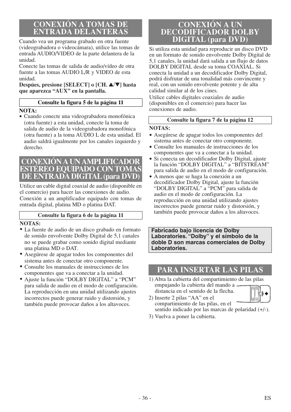 Conexión a tomas de entrada delanteras | FUNAI WV20D5 User Manual | Page 36 / 40