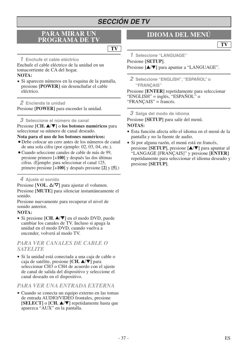 Idioma del menú, Sección de tv para mirar un programa de tv | FUNAI WV20D5 User Manual | Page 37 / 40