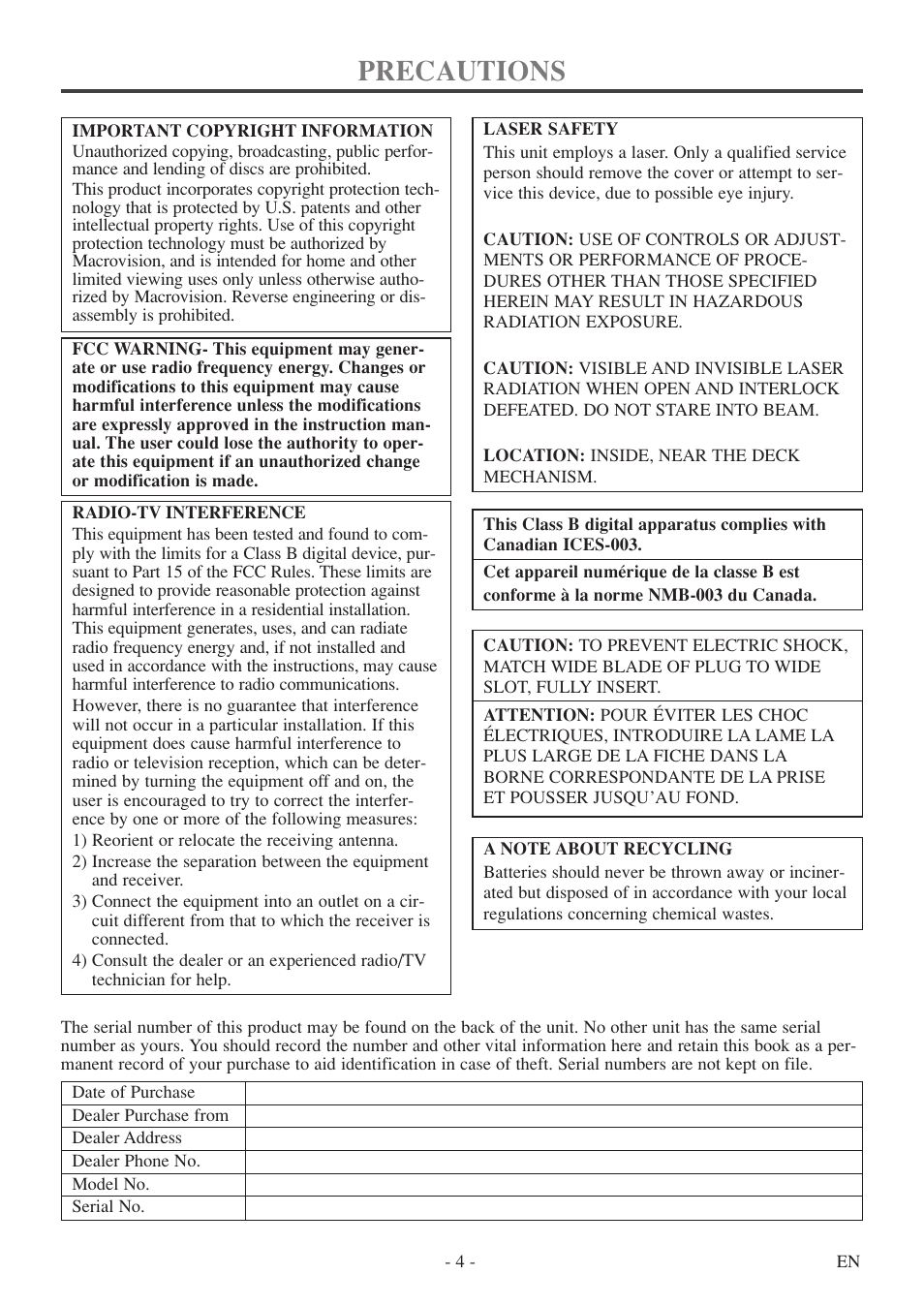 Precautions | FUNAI WV20D5 User Manual | Page 4 / 40