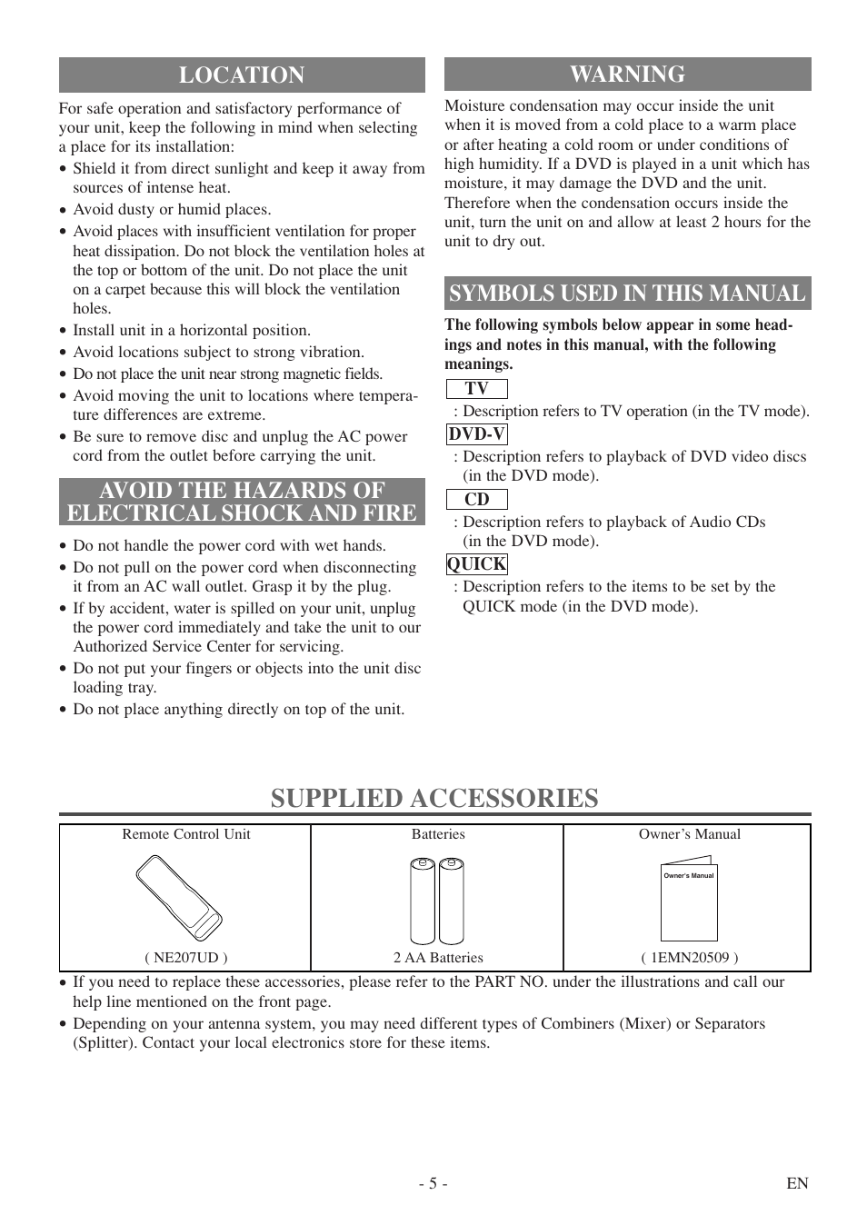 Accessories, Supplied accessories, Warning | Symbols used in this manual | FUNAI WV20D5 User Manual | Page 5 / 40