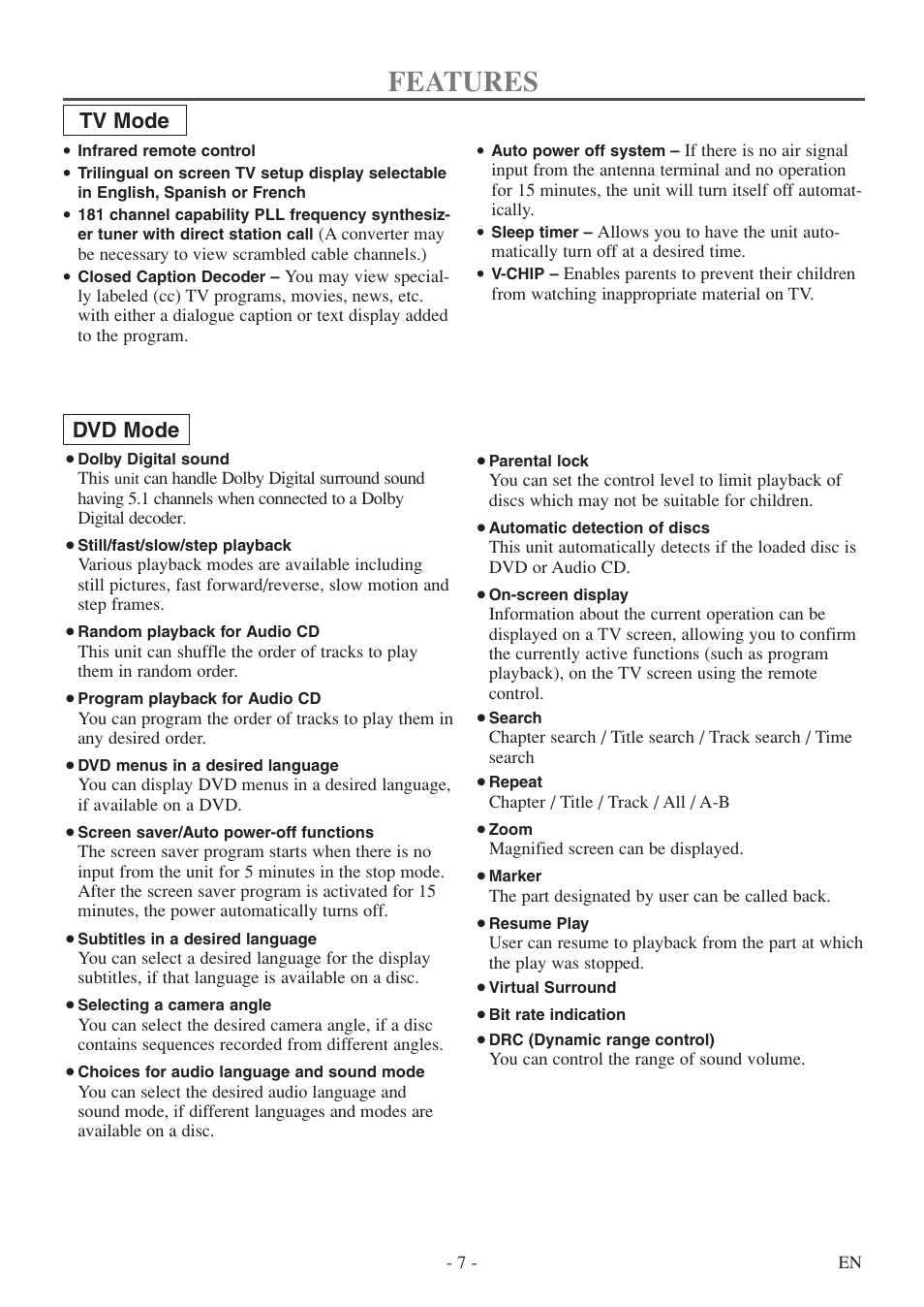 Features, Tv mode, Dvd mode | FUNAI WV20D5 User Manual | Page 7 / 40