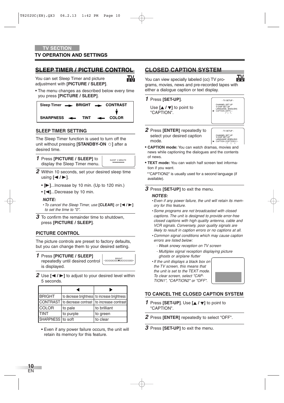 Closed caption system, Sleep timer / picture control, Sleep timer setting | Picture control | FUNAI MWC13D6 User Manual | Page 10 / 36