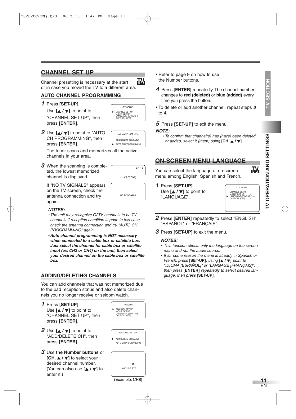 On-screen menu language, Channel set up | FUNAI MWC13D6 User Manual | Page 11 / 36