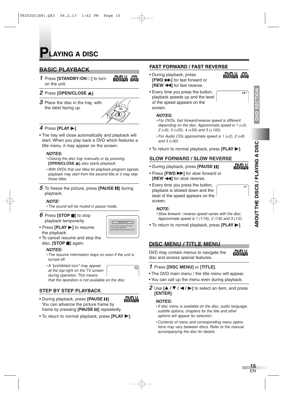 Laying a disc, Basic playback, Disc menu / title menu | FUNAI MWC13D6 User Manual | Page 15 / 36