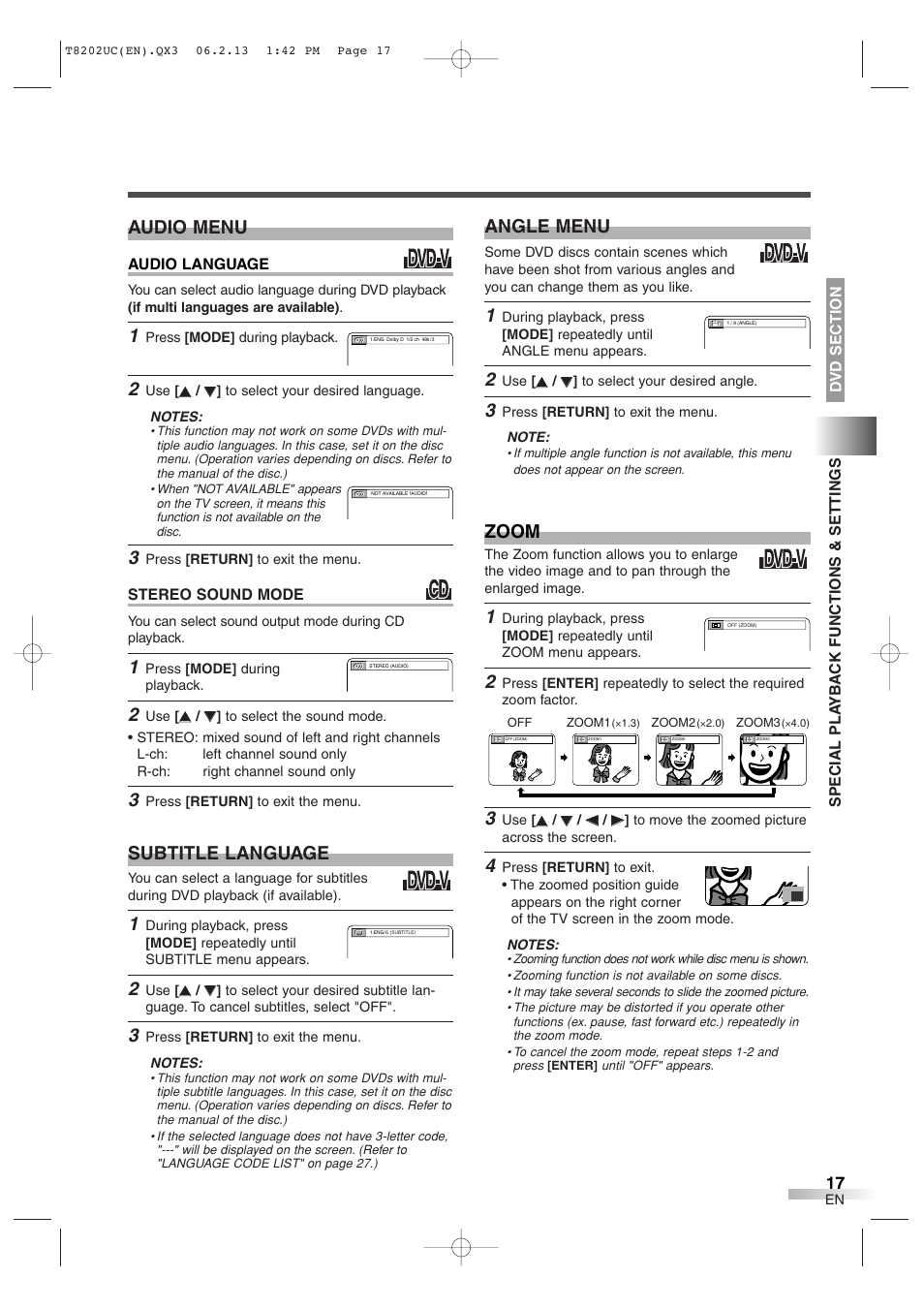 Zoom, Audio menu, Subtitle language | Angle menu | FUNAI MWC13D6 User Manual | Page 17 / 36