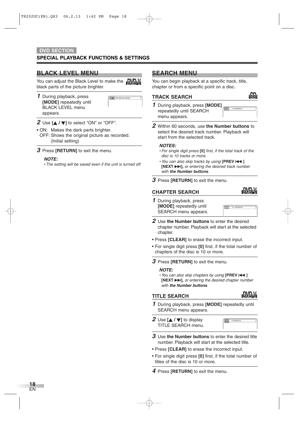 Black level menu, Search menu | FUNAI MWC13D6 User Manual | Page 18 / 36