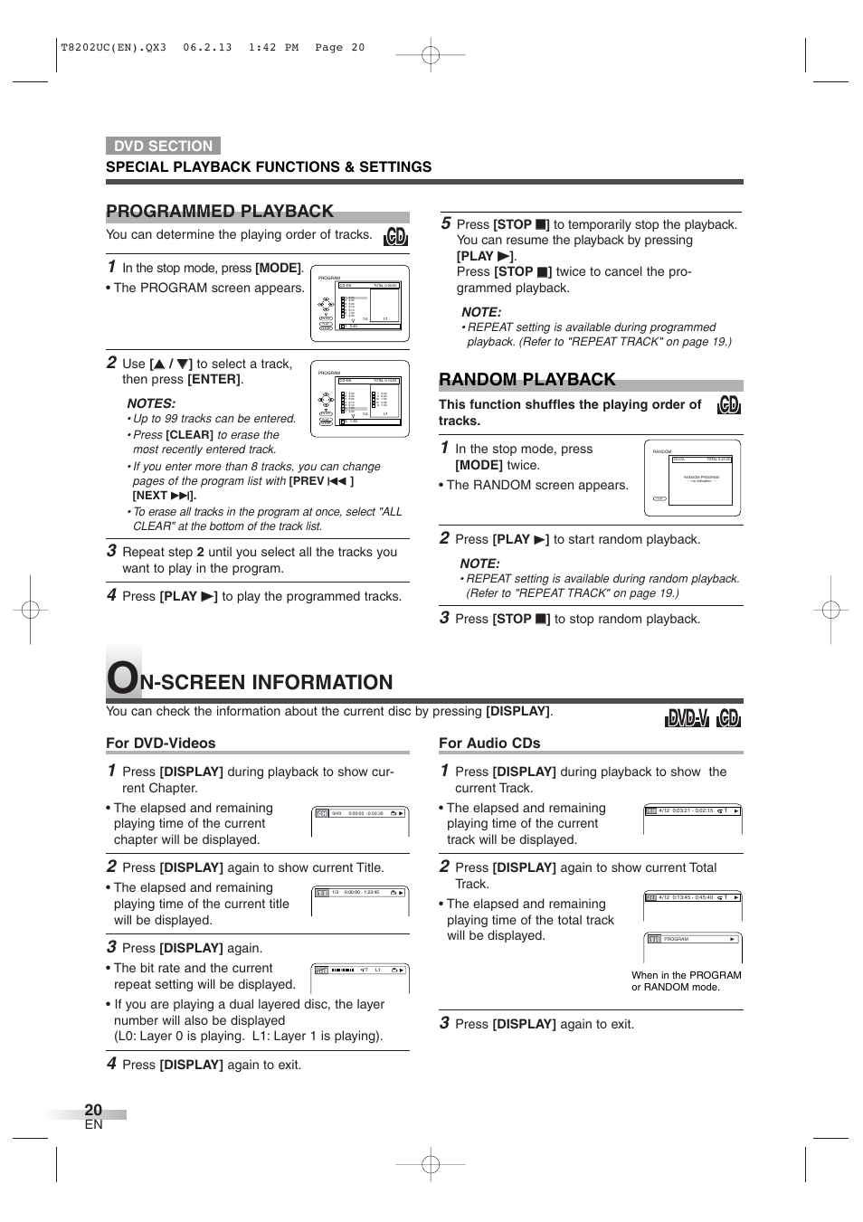 N-screen information, Programmed playback random playback, For dvd-videos | For audio cds | FUNAI MWC13D6 User Manual | Page 20 / 36