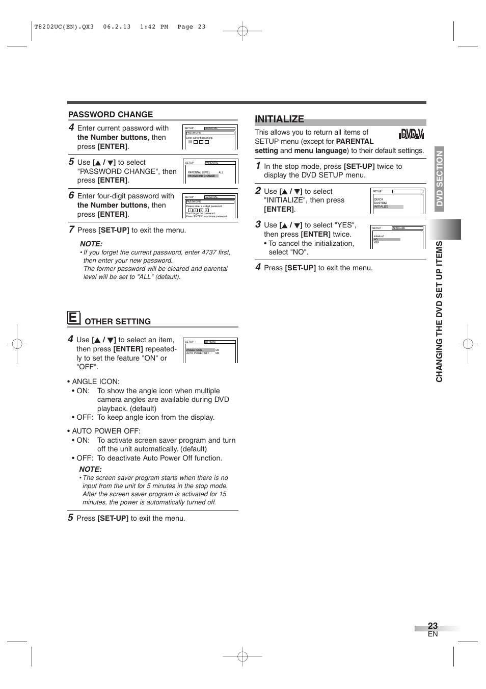 Initialize, Other setting, Password change | FUNAI MWC13D6 User Manual | Page 23 / 36