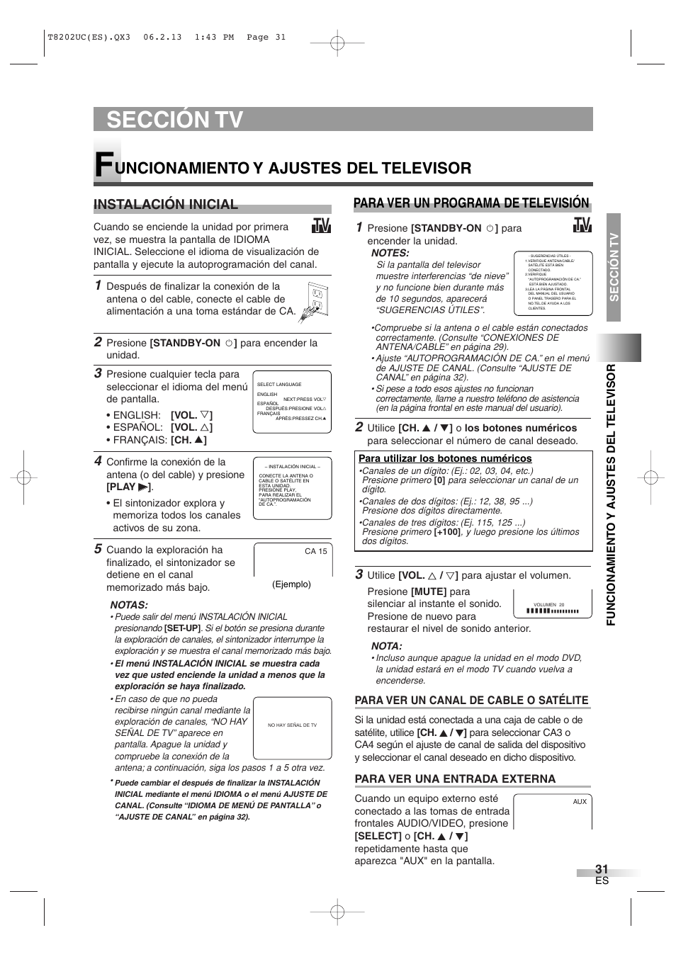 Sección tv, Uncionamiento y ajustes del televisor, Instalación inicial | Para ver un programa de televisión | FUNAI MWC13D6 User Manual | Page 31 / 36