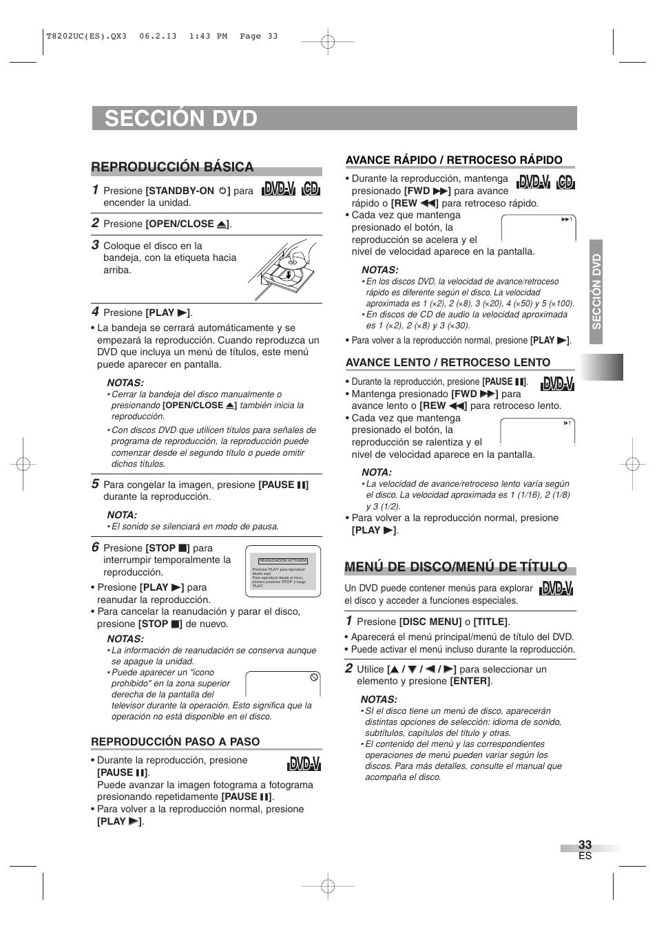 Sección dvd, Reproducción básica, Menú de disco/menú de título | FUNAI MWC13D6 User Manual | Page 33 / 36