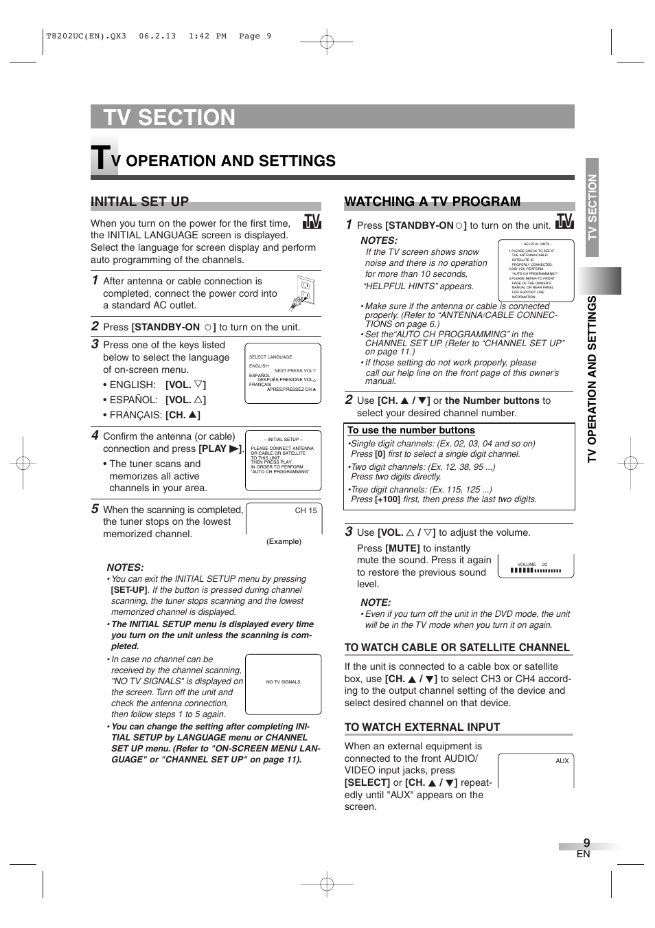 V operation and settings, Initial set up, Watching a tv program | FUNAI MWC13D6 User Manual | Page 9 / 36