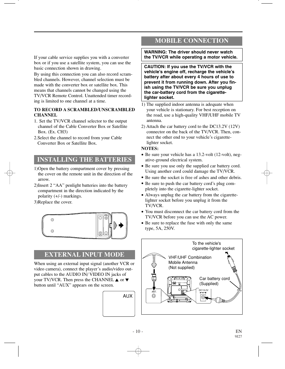Installing the batteries, External input mode, Mobile connection | FUNAI F3809U User Manual | Page 10 / 32