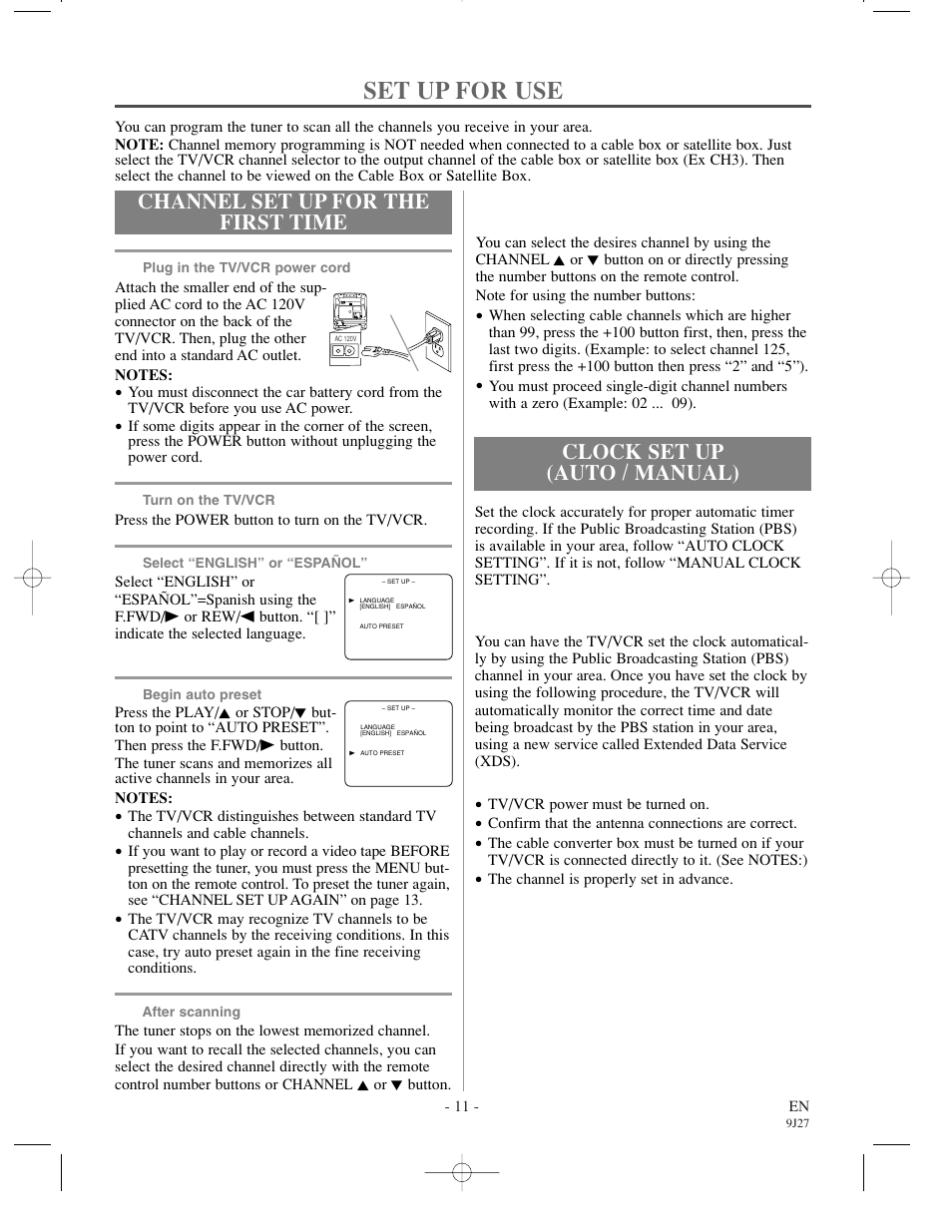 Set up for use, Channel set up for the first time, Clock set up (auto / manual) | FUNAI F3809U User Manual | Page 11 / 32