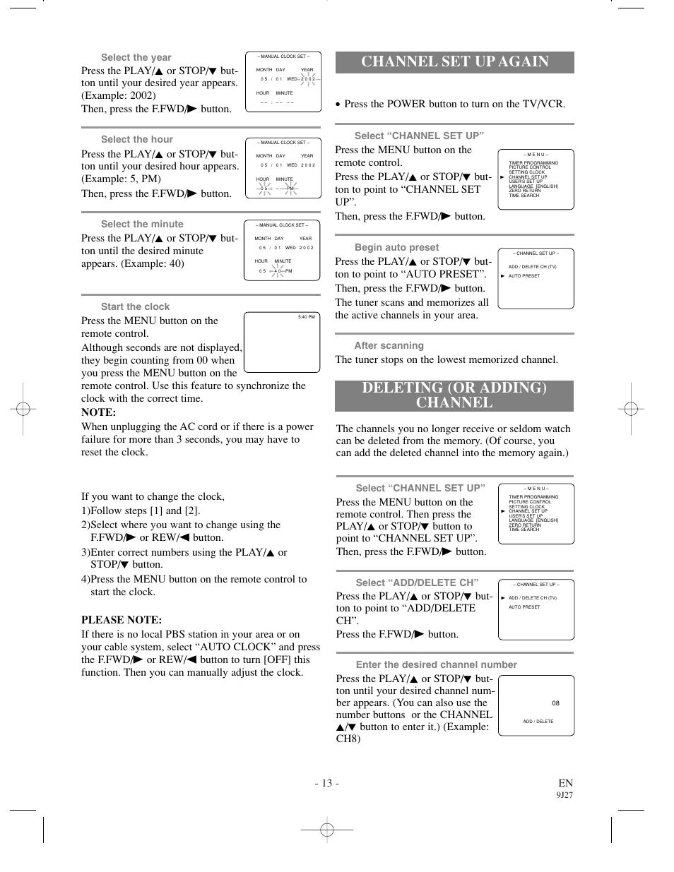Channel set up again, Deleting (or adding) channel, 13 - en | Make sure, Press the power button to turn on the tv/vcr | FUNAI F3809U User Manual | Page 13 / 32