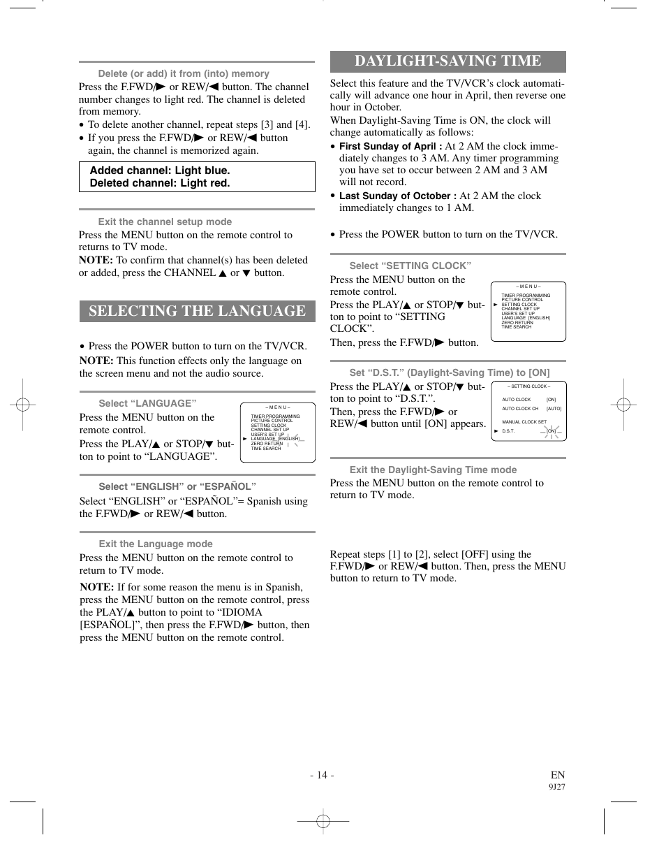 Selecting the language, Daylight-saving time | FUNAI F3809U User Manual | Page 14 / 32