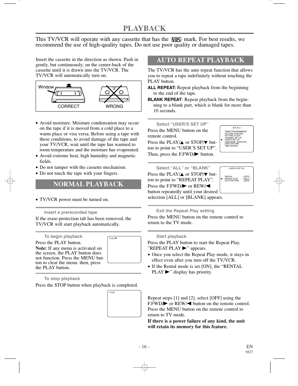 Playback, Normal playback, Auto repeat playback | Inserting a cassette | FUNAI F3809U User Manual | Page 16 / 32