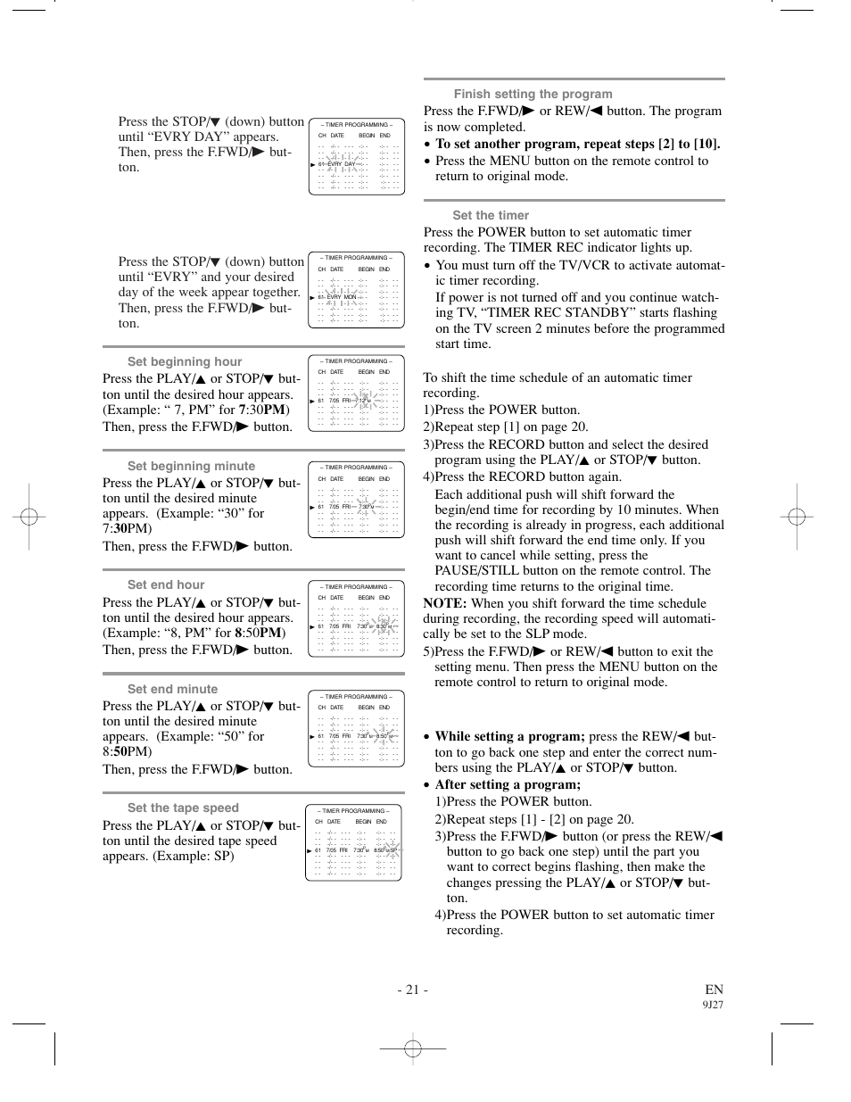 21 - en, Set beginning hour, Set beginning minute | Set end hour, Set end minute, Set the tape speed, Finish setting the program, Set the timer, 9j27 | FUNAI F3809U User Manual | Page 21 / 32