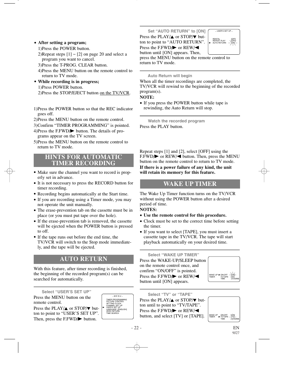 Hints for automatic timer recording, Auto return, Wake up timer | FUNAI F3809U User Manual | Page 22 / 32